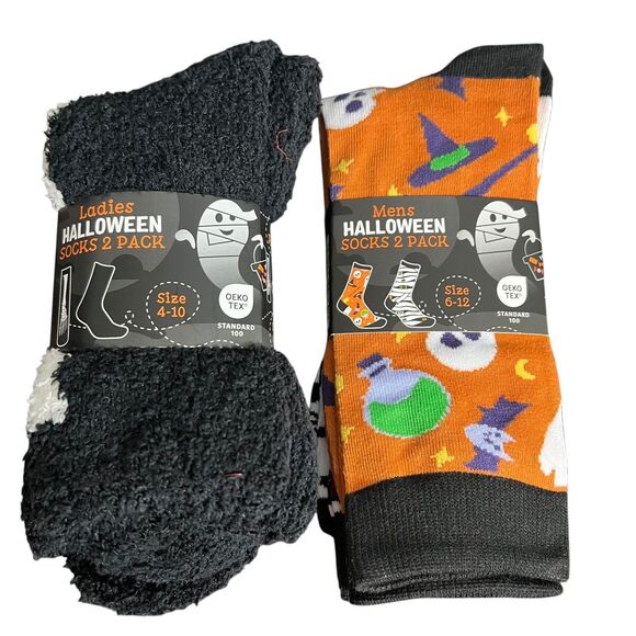 Halloween Socks 2 Sets of 2 Pack ALDI Cozy Crew Novelty Ladies& Mens 4 Pairs All - Picture 1 of 9